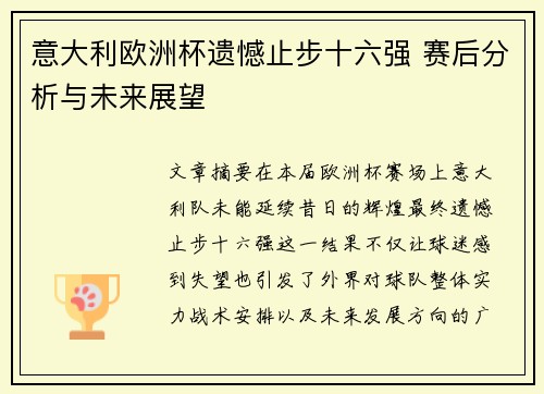 意大利欧洲杯遗憾止步十六强 赛后分析与未来展望 意大利欧洲杯遗憾止步十六强 赛后分析与未来展望